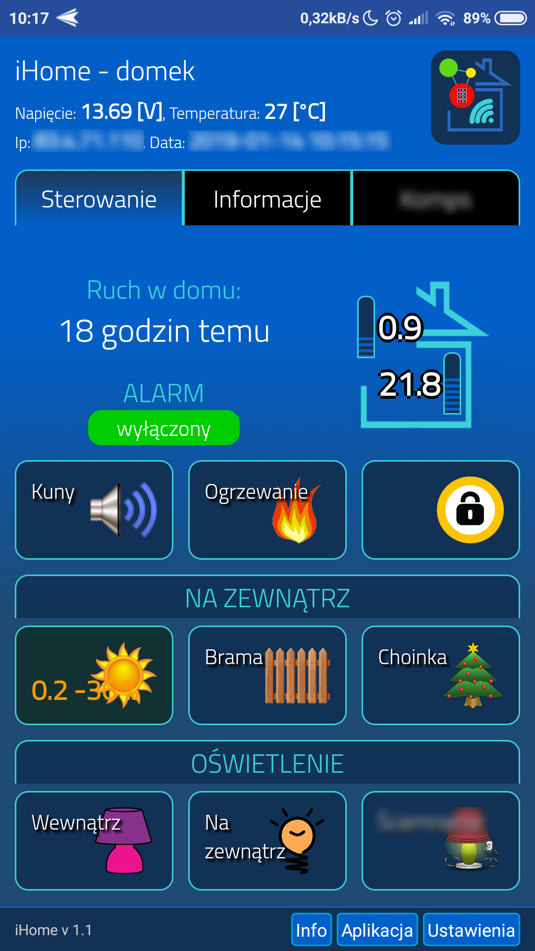 Przykładowy panel iPanel: sterowanie, czujniki i informacje